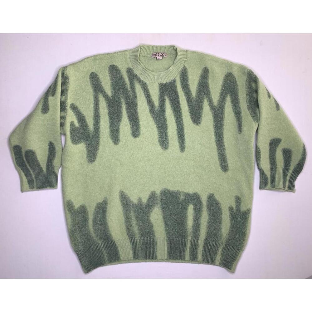 VRG GRL M/L Along The Sidewalk Graffiti Drip Knit Green Oversized Sweater P132